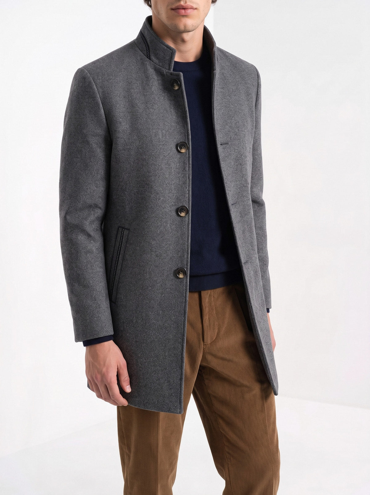 BLENIN men's stand collar wool blend coat in grey, fit detail