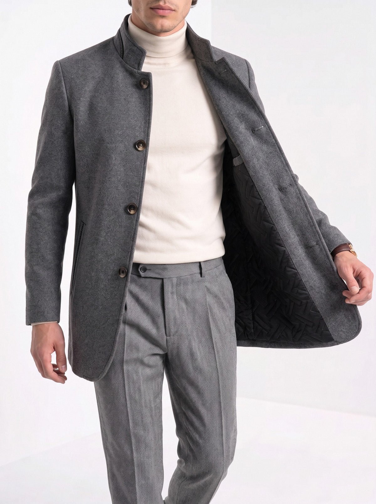 BLENIN men's stand collar wool blend coat in grey, styled detail