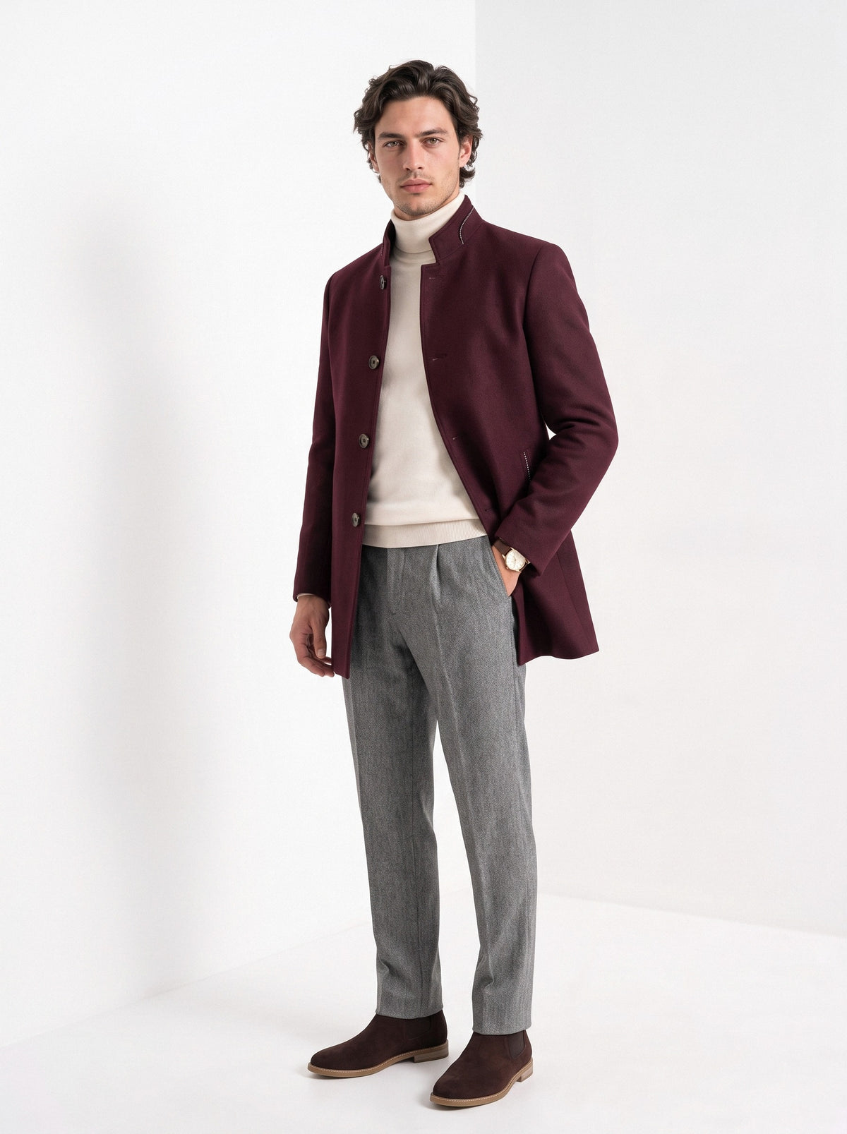 BLENIN men's stand collar wool blend coat in burgundy, full-length look