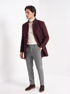 BLENIN men's stand collar wool blend coat in burgundy, three-quarter view
