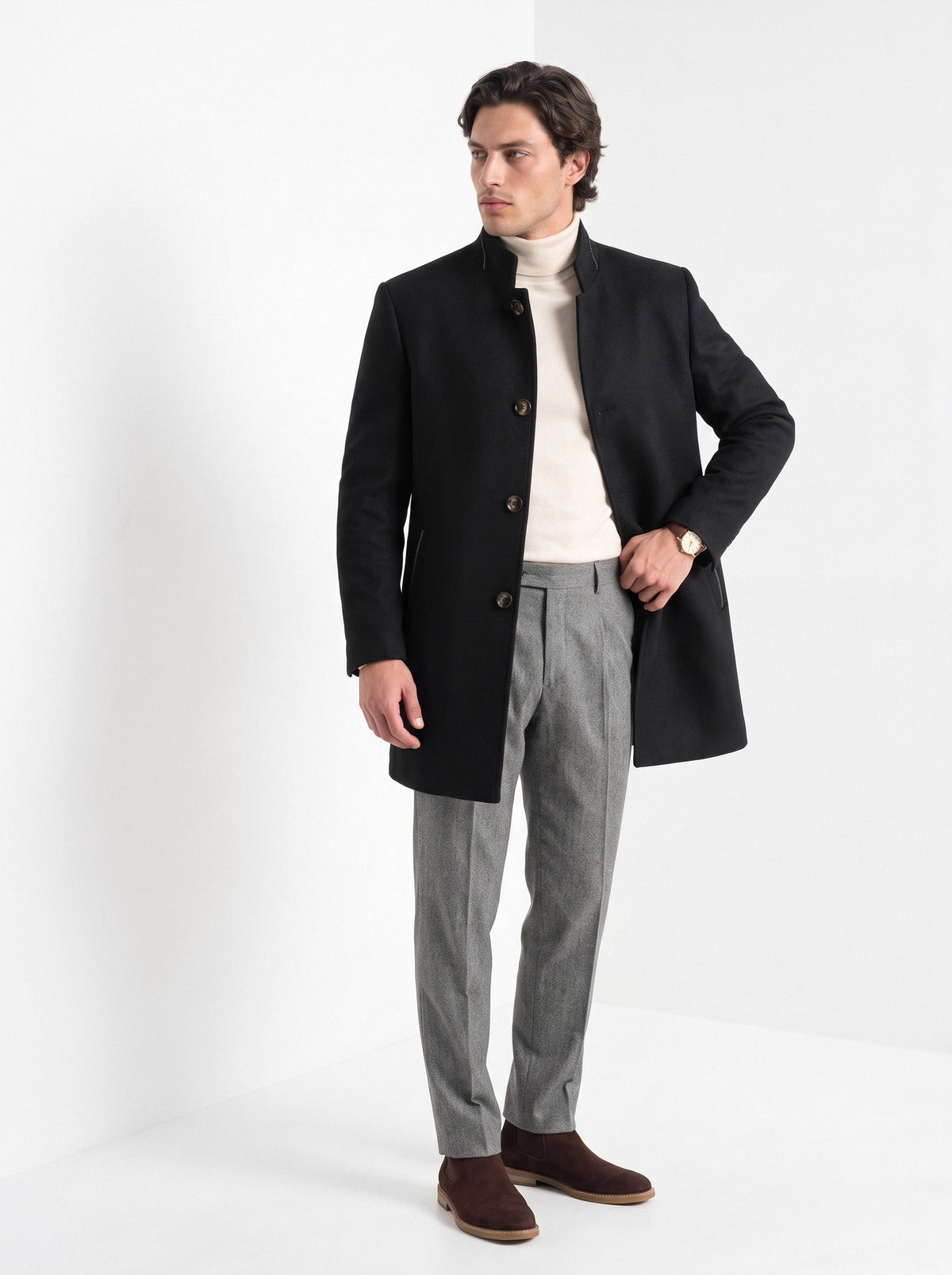 BLENIN men's stand collar wool blend coat in black, three-quarter view