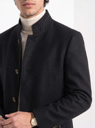 BLENIN men's stand collar wool blend coat in black, close-up of the details