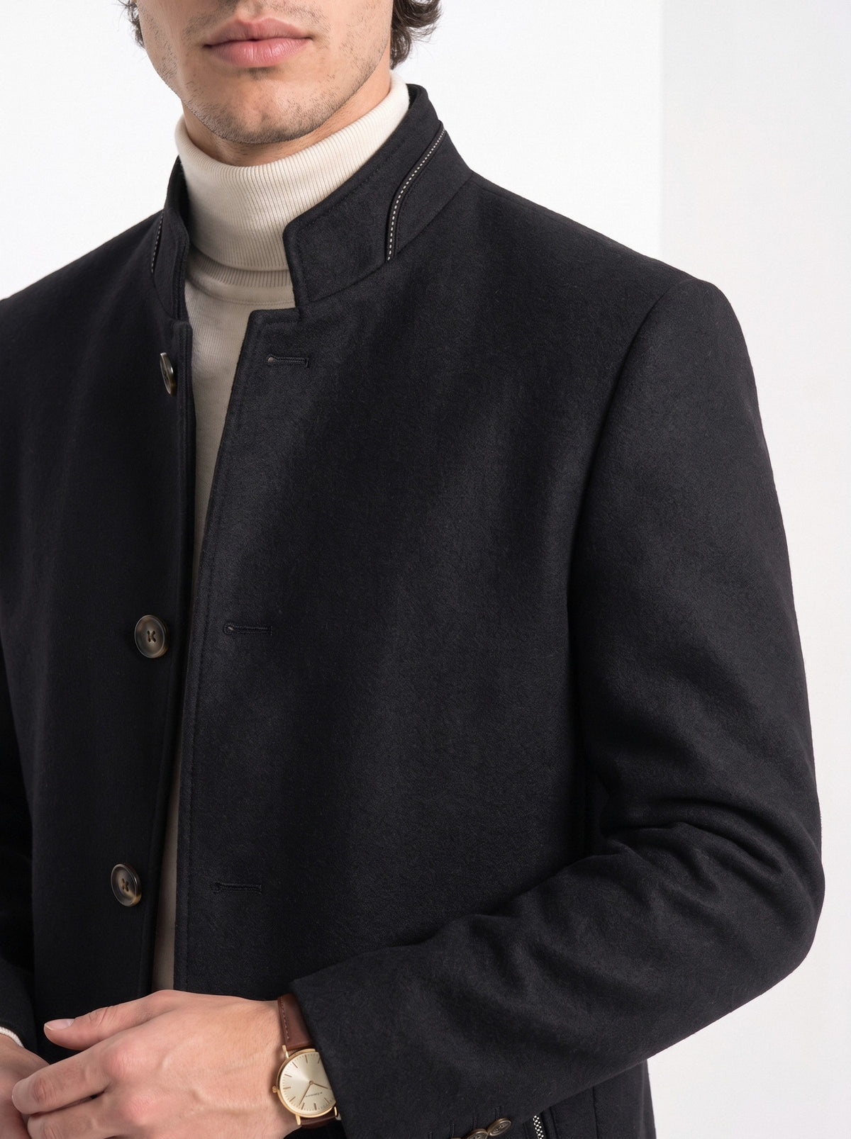 BLENIN men's stand collar wool blend coat in black, close-up of the details