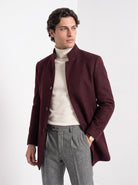 BLENIN men's stand collar wool blend coat in burgundy, front portrait