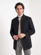BLENIN men's stand collar wool blend coat in black, front portrait