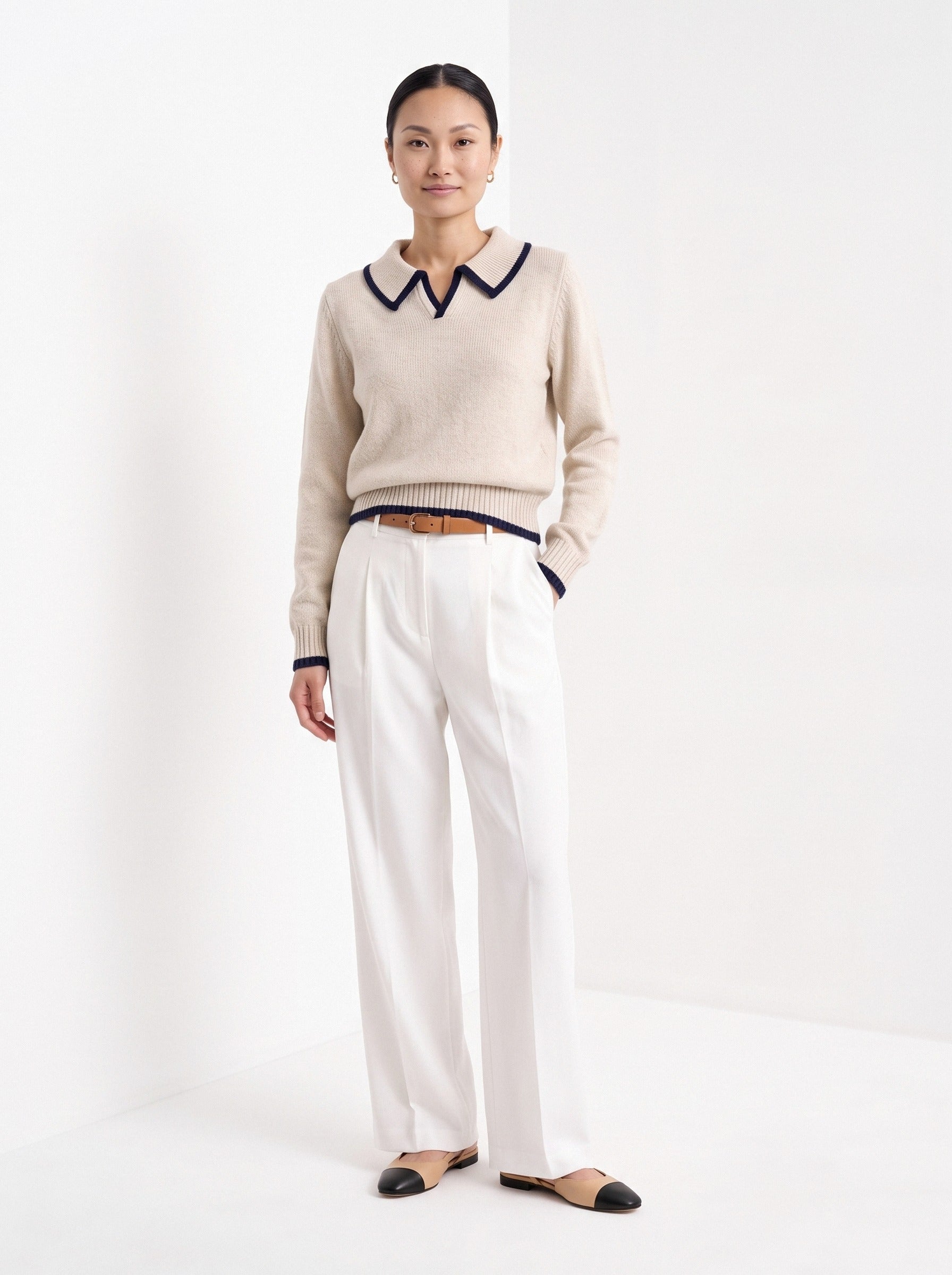 BLENIN piped collar sweater in oatmeal, full-length front view