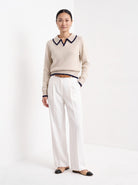 BLENIN piped collar sweater in oatmeal, full-length front view