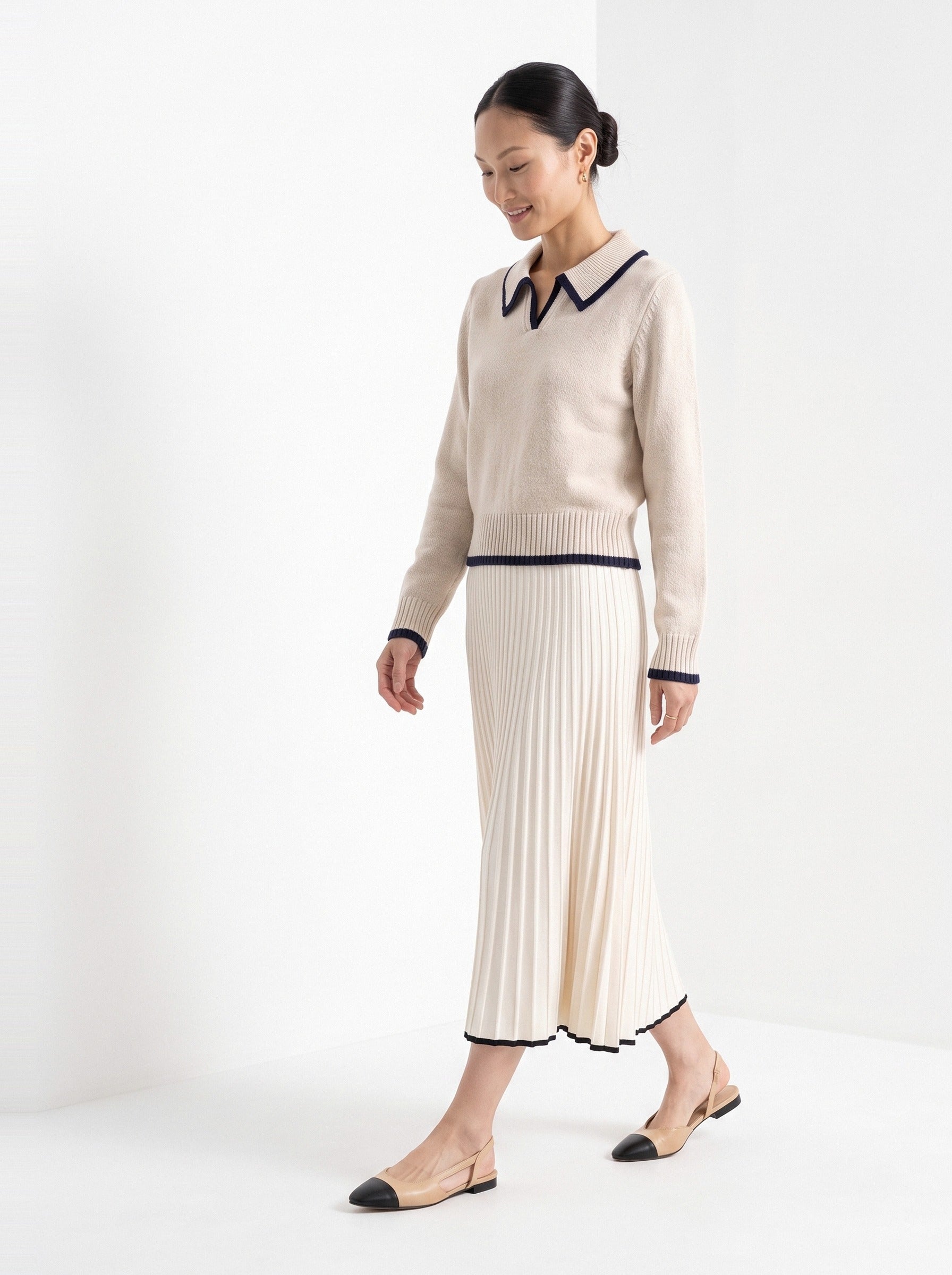 BLENIN piped collar sweater in oatmeal, full outfit, walking