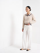 BLENIN piped collar sweater in oatmeal, three-quarter view