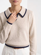 BLENIN piped collar sweater in oatmeal, close-up of the collar and details