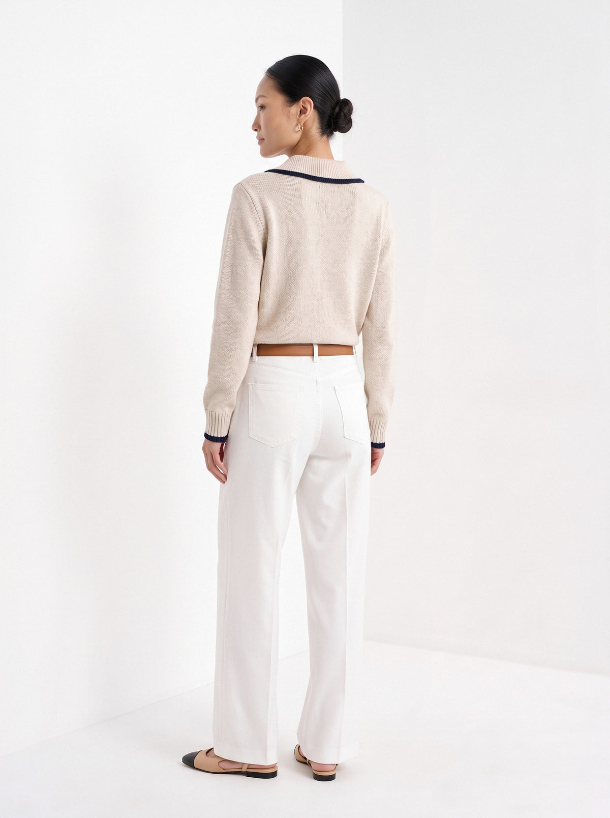 BLENIN piped collar sweater in oatmeal, back view