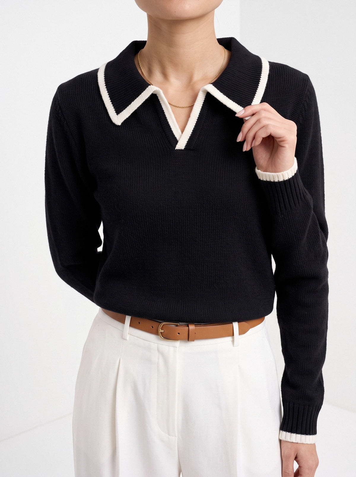 BLENIN piped collar sweater in black, close-up of the details