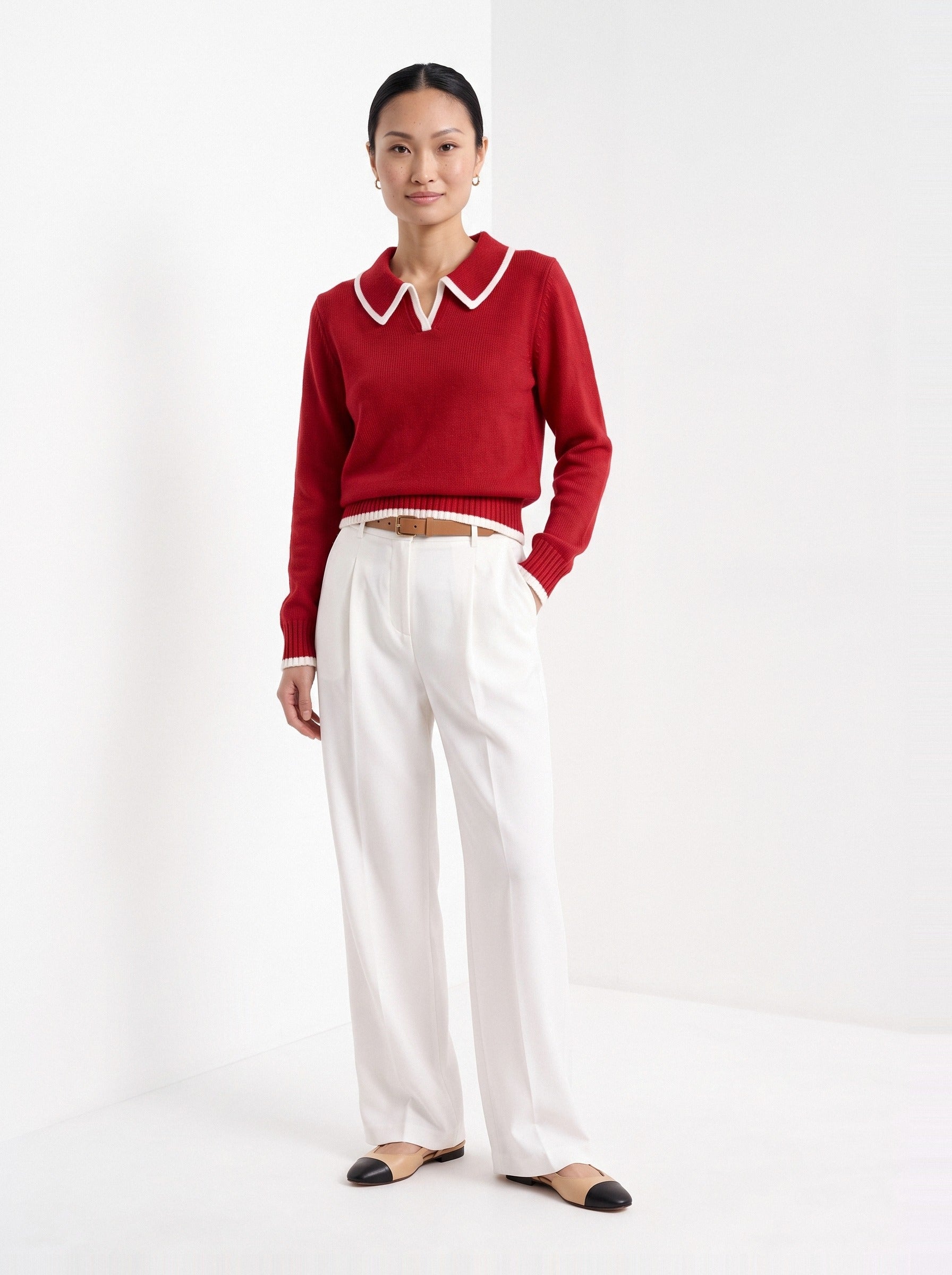 BLENIN piped collar sweater in red, full-length front view