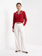 BLENIN piped collar sweater in red, full-length front view