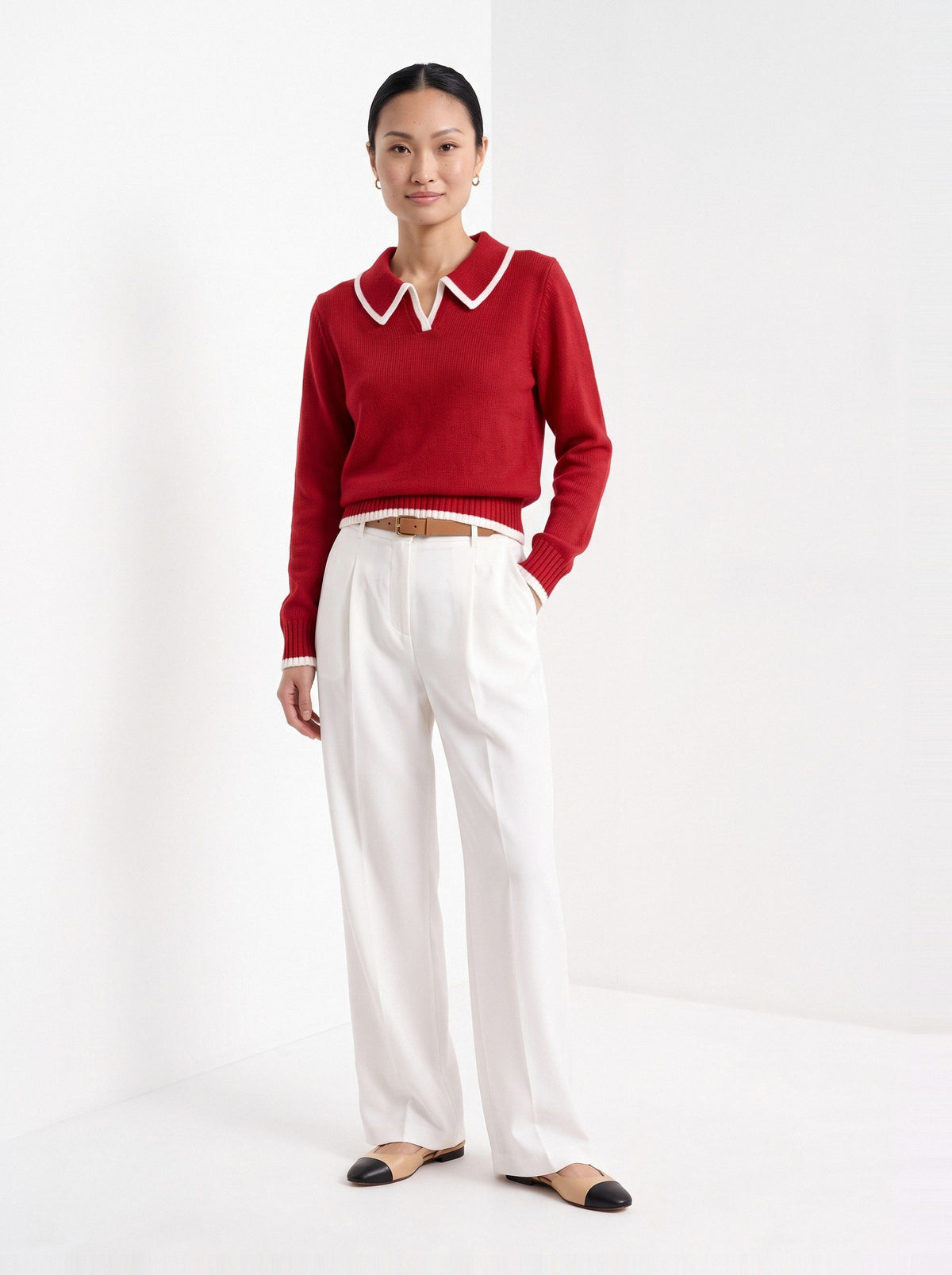 BLENIN piped collar sweater in red, full-length front view