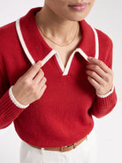 BLENIN piped collar sweater in red, close-up of the details