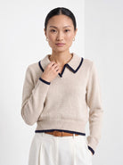BLENIN piped collar sweater in oatmeal, front portrait