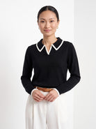 BLENIN piped collar sweater in black, front portrait