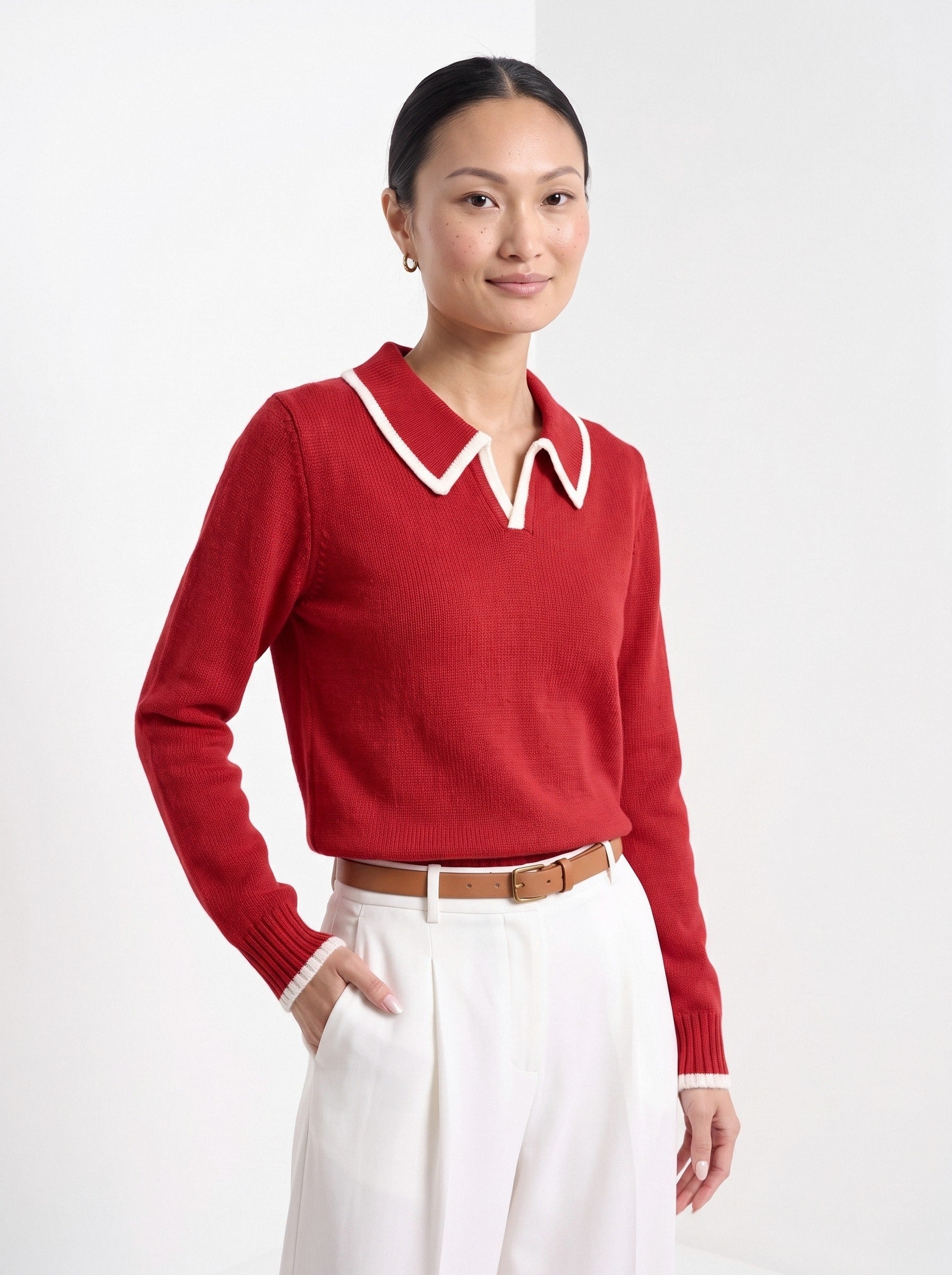 BLENIN piped collar sweater in red, front portrait