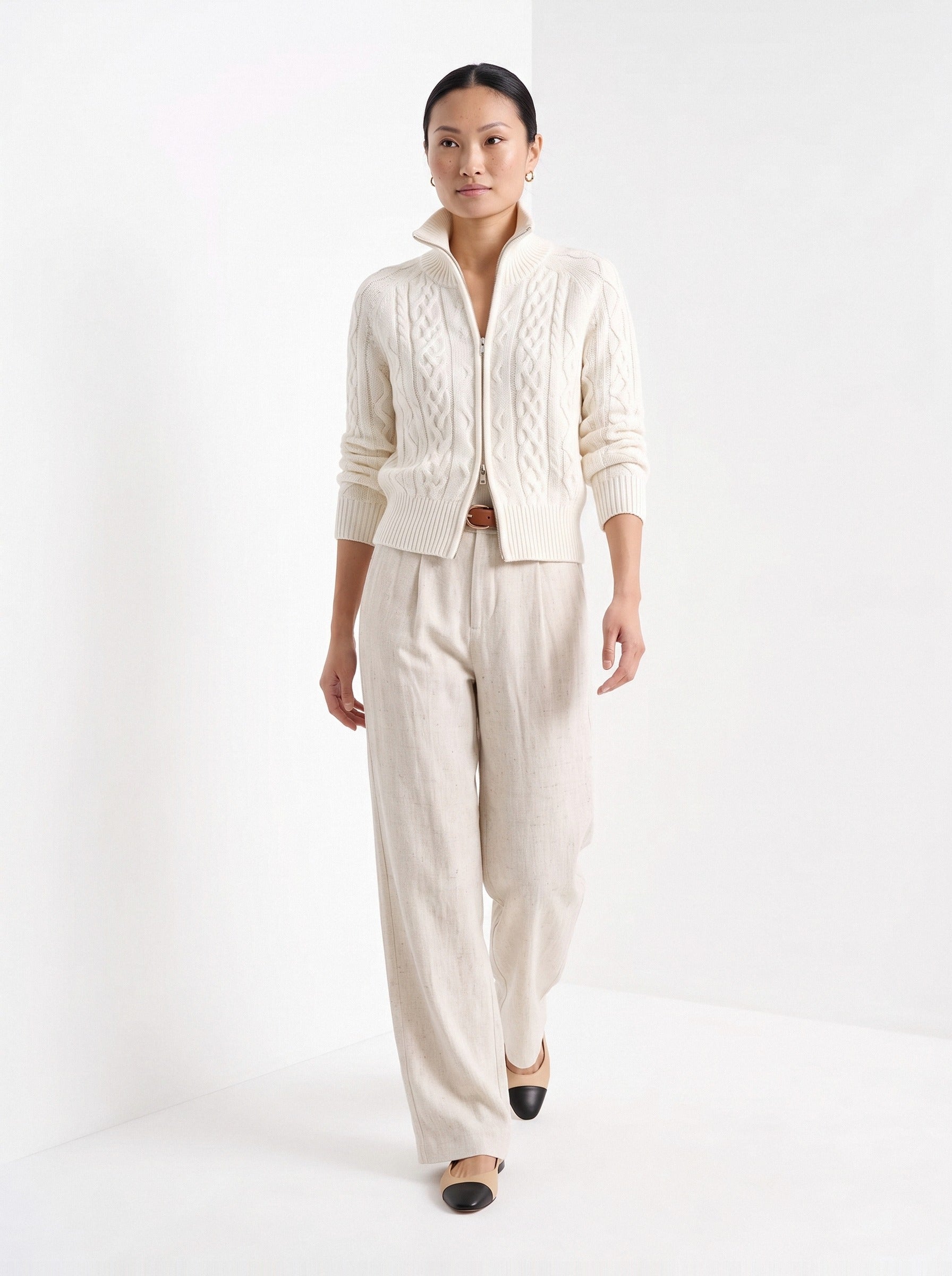 BLENIN cable knit zip cardigan in ivory, full-length front view