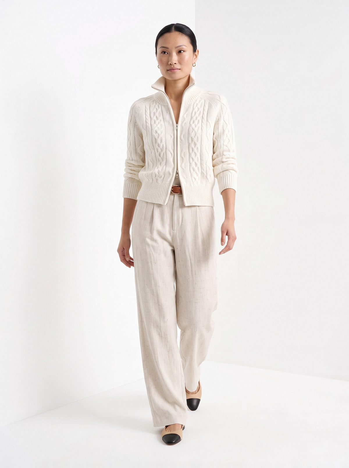 BLENIN cable knit zip cardigan in ivory, full-length front view