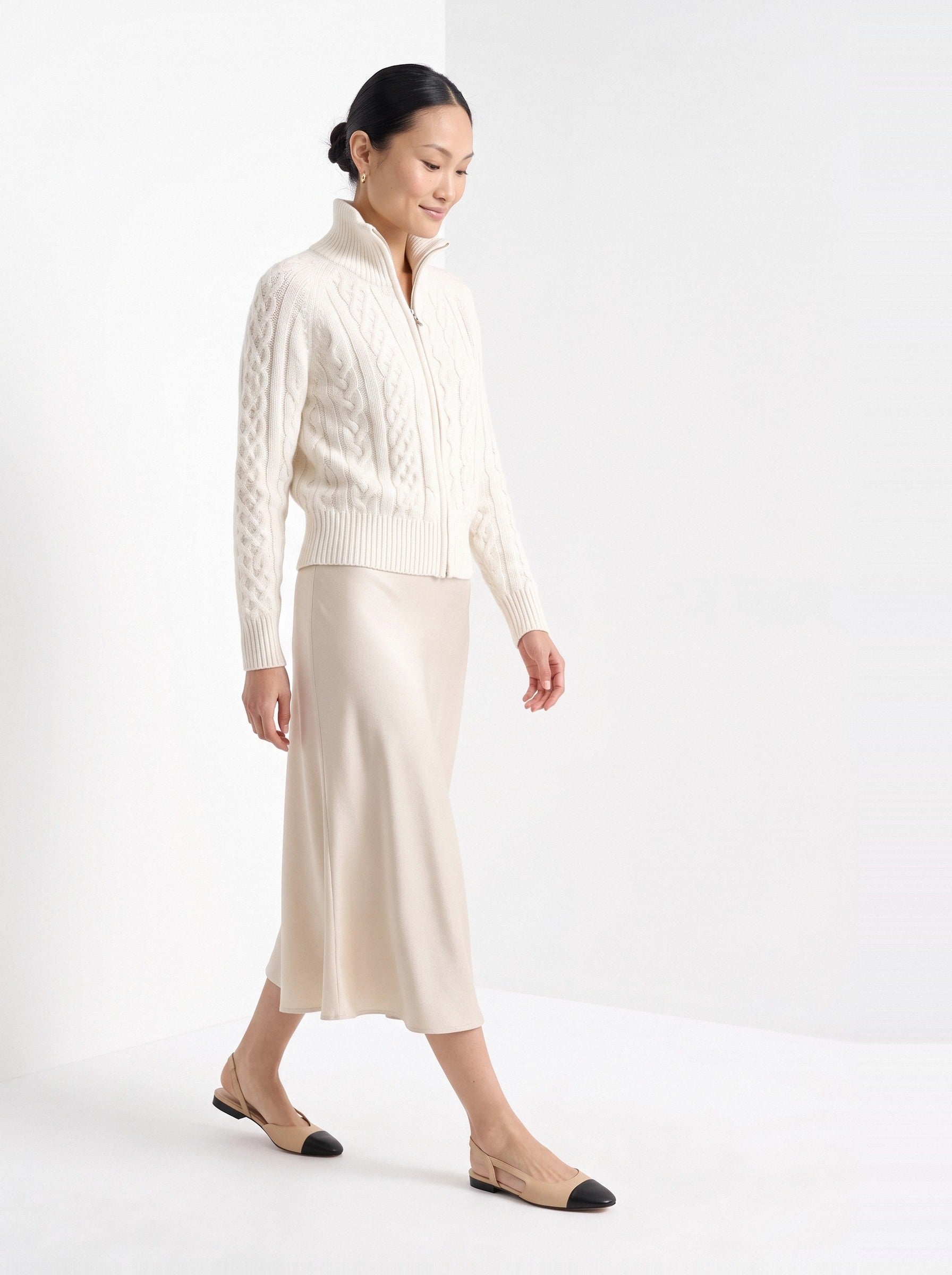 BLENIN cable knit zip cardigan in ivory, full outfit, walking