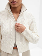 BLENIN cable knit zip cardigan in ivory, close-up of the collar and details
