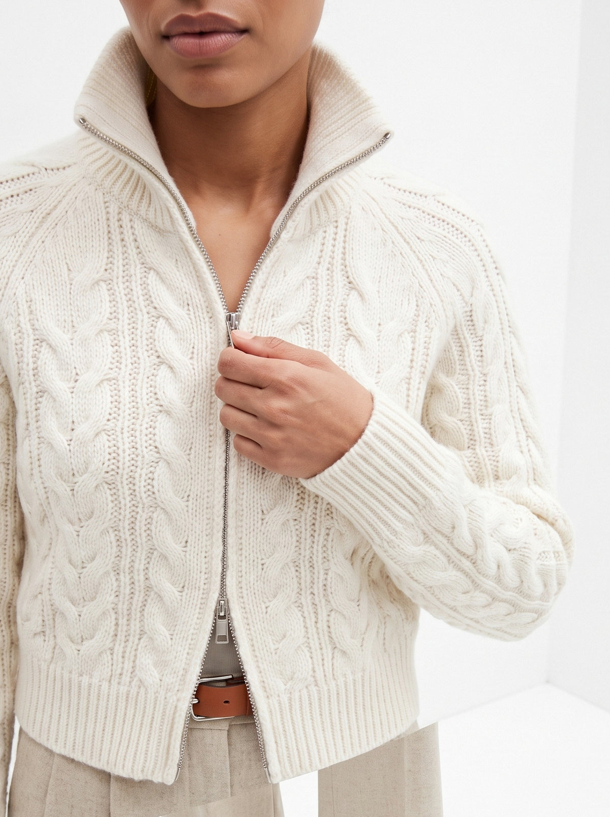 BLENIN cable knit zip cardigan in ivory, close-up of the collar and details