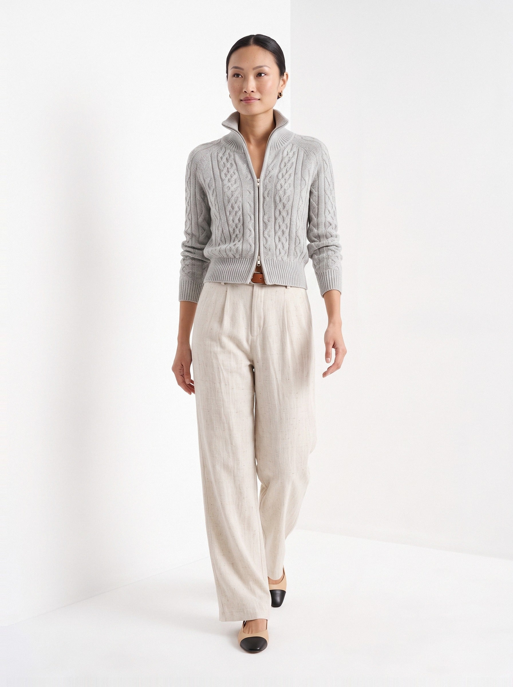 BLENIN cable knit zip cardigan in grey, full-length front view