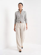 BLENIN cable knit zip cardigan in grey, full-length front view