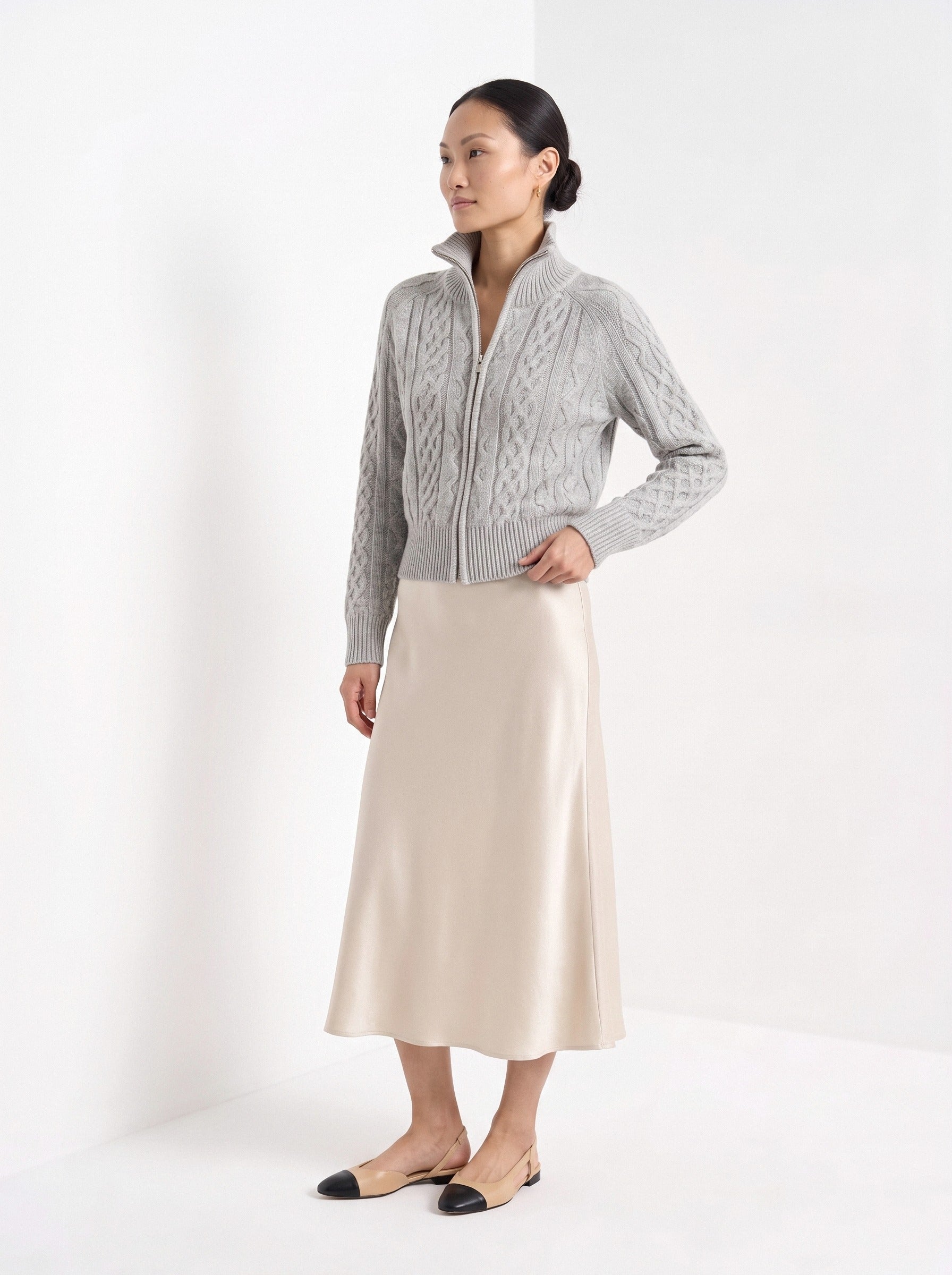 BLENIN cable knit zip cardigan in grey, three-quarter view