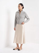 BLENIN cable knit zip cardigan in grey, three-quarter view