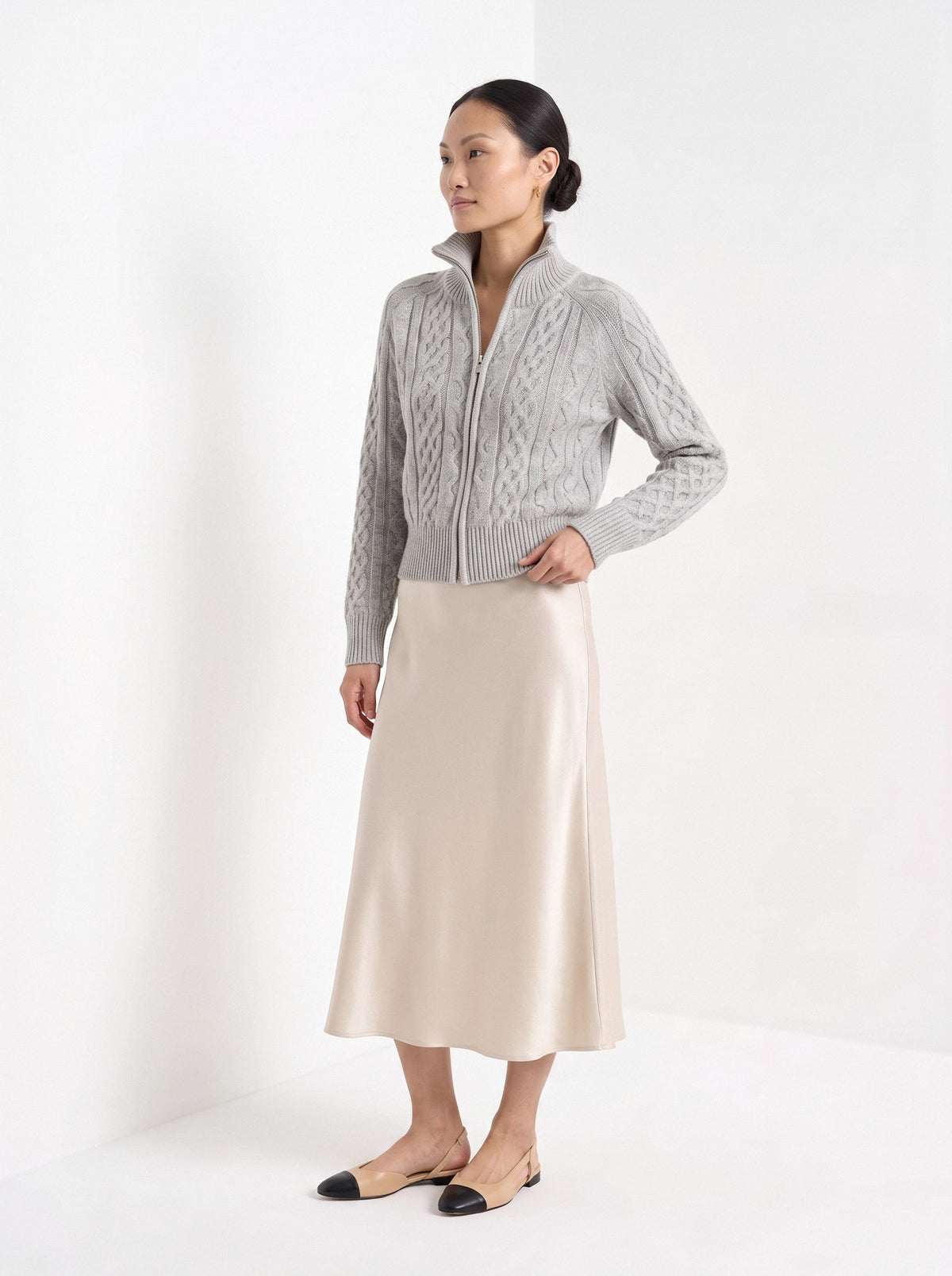 BLENIN cable knit zip cardigan in grey, three-quarter view
