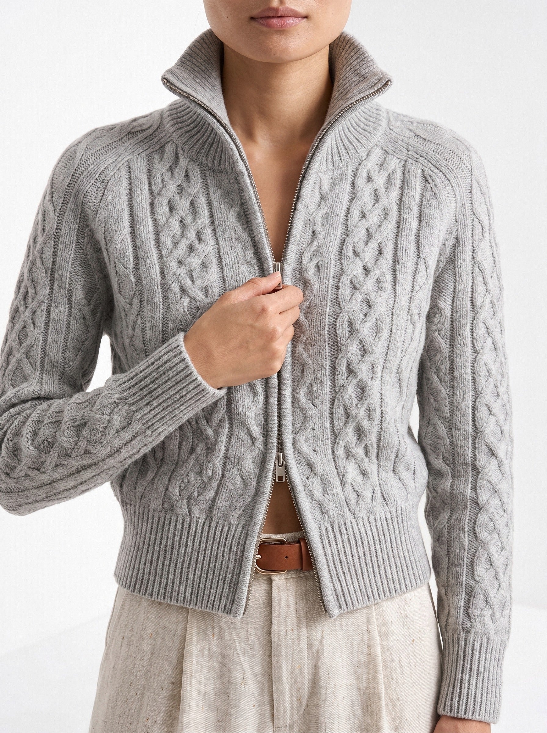 BLENIN cable knit zip cardigan in grey, close-up of the details