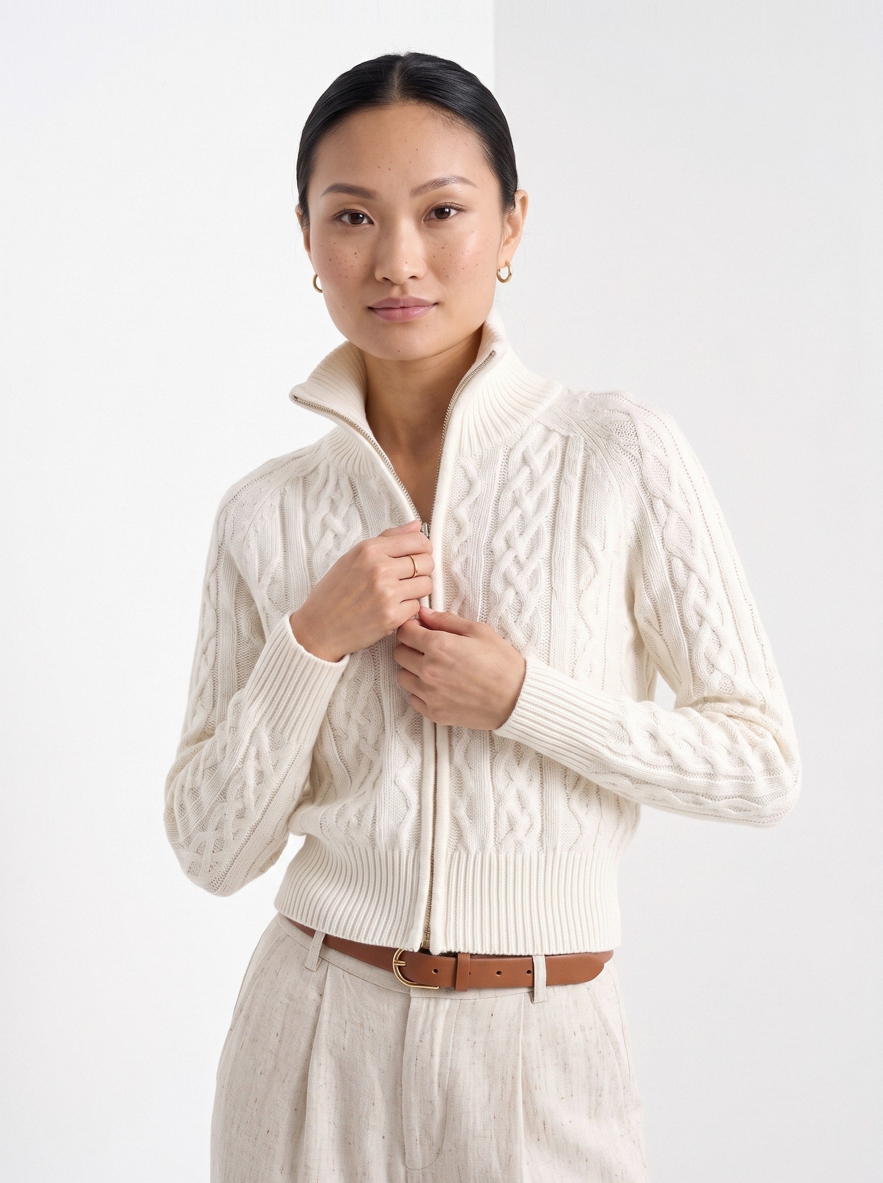 BLENIN cable knit zip cardigan in ivory, front portrait