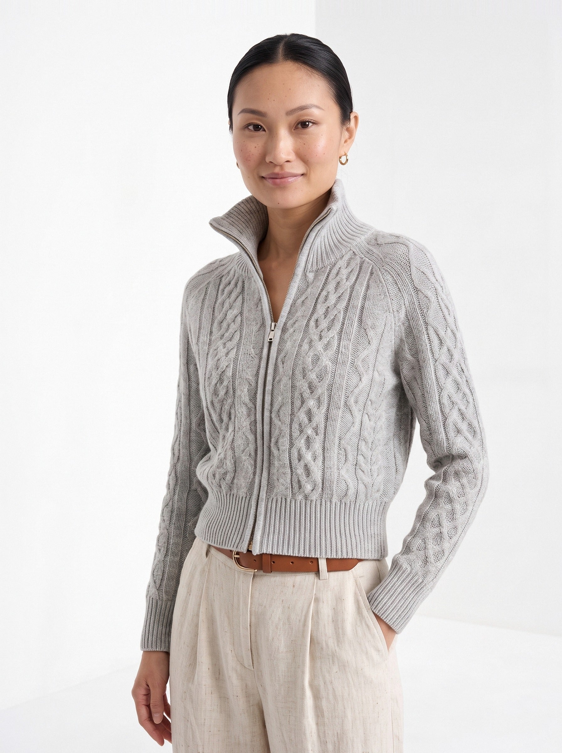 BLENIN cable knit zip cardigan in grey, front portrait