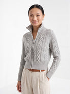 BLENIN cable knit zip cardigan in grey, front portrait