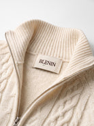 BLENIN cable knit zip cardigan, woven BLENIN neck label