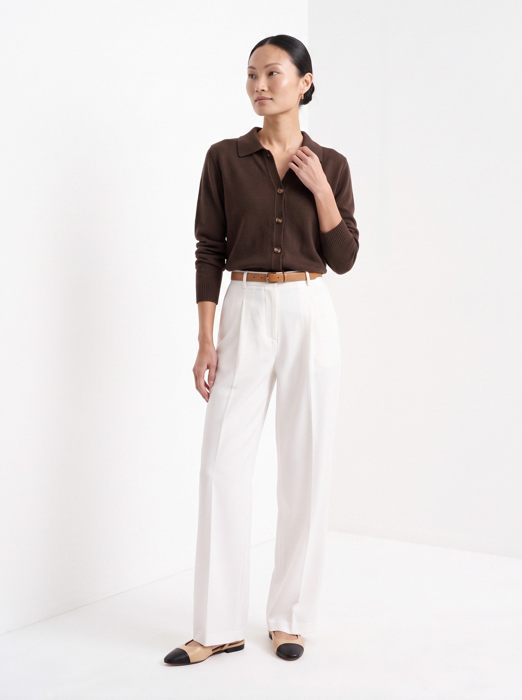 BLENIN collared button cardigan in chocolate, full-length front view