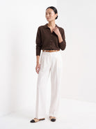 BLENIN collared button cardigan in chocolate, full-length front view
