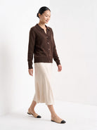 BLENIN collared button cardigan in chocolate, full outfit, walking