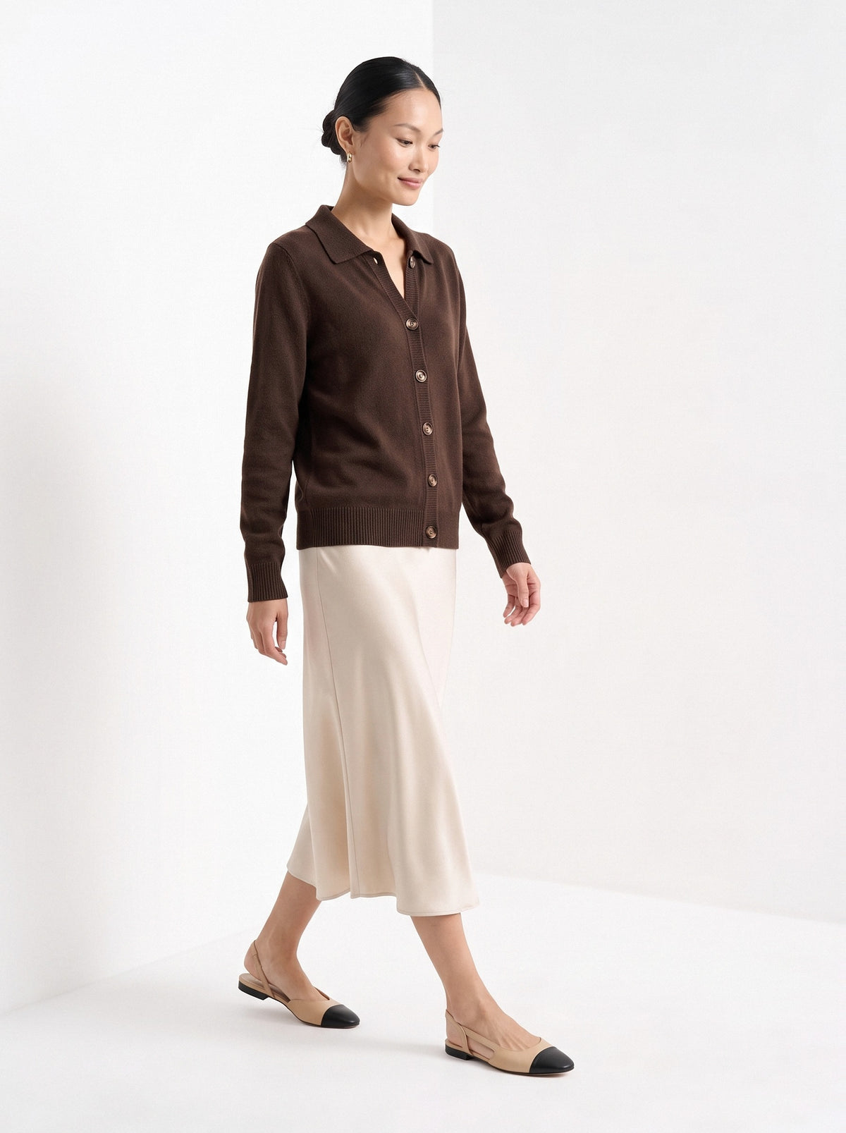 BLENIN collared button cardigan in chocolate, full outfit, walking