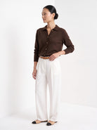 BLENIN collared button cardigan in chocolate, three-quarter view