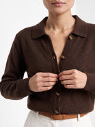 BLENIN collared button cardigan in chocolate, close-up of the collar and details