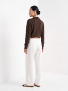 BLENIN collared button cardigan in chocolate, back view