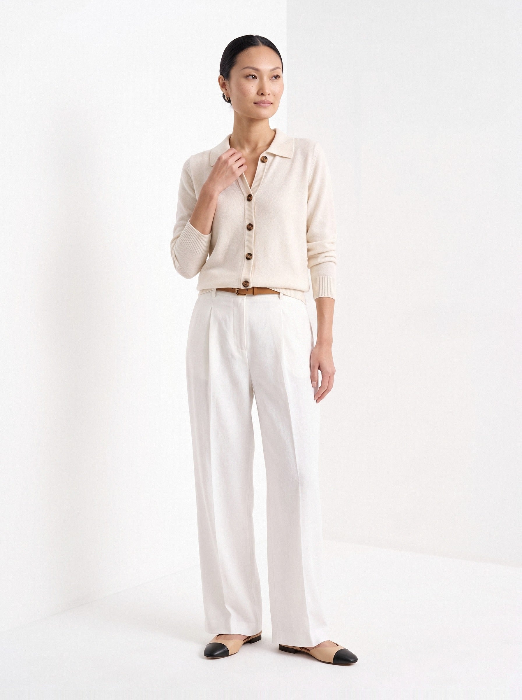 BLENIN collared button cardigan in cream, full-length front view