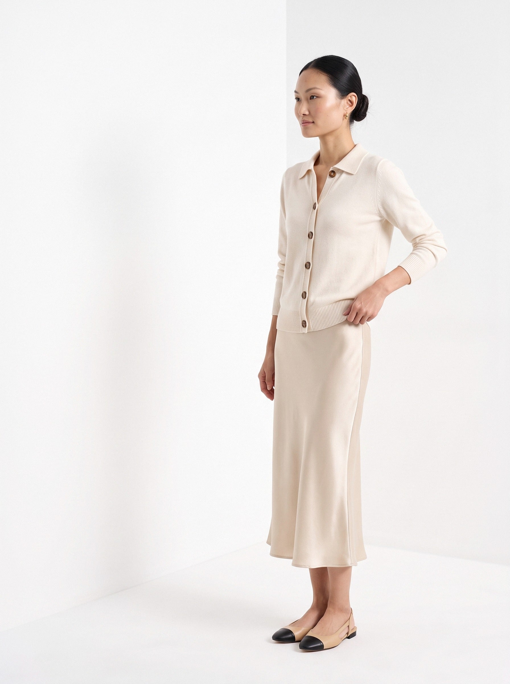 BLENIN collared button cardigan in cream, three-quarter view