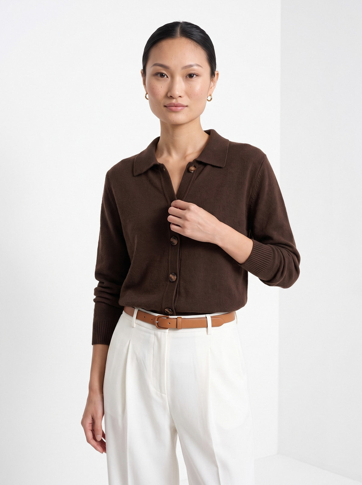 BLENIN collared button cardigan in chocolate, front portrait