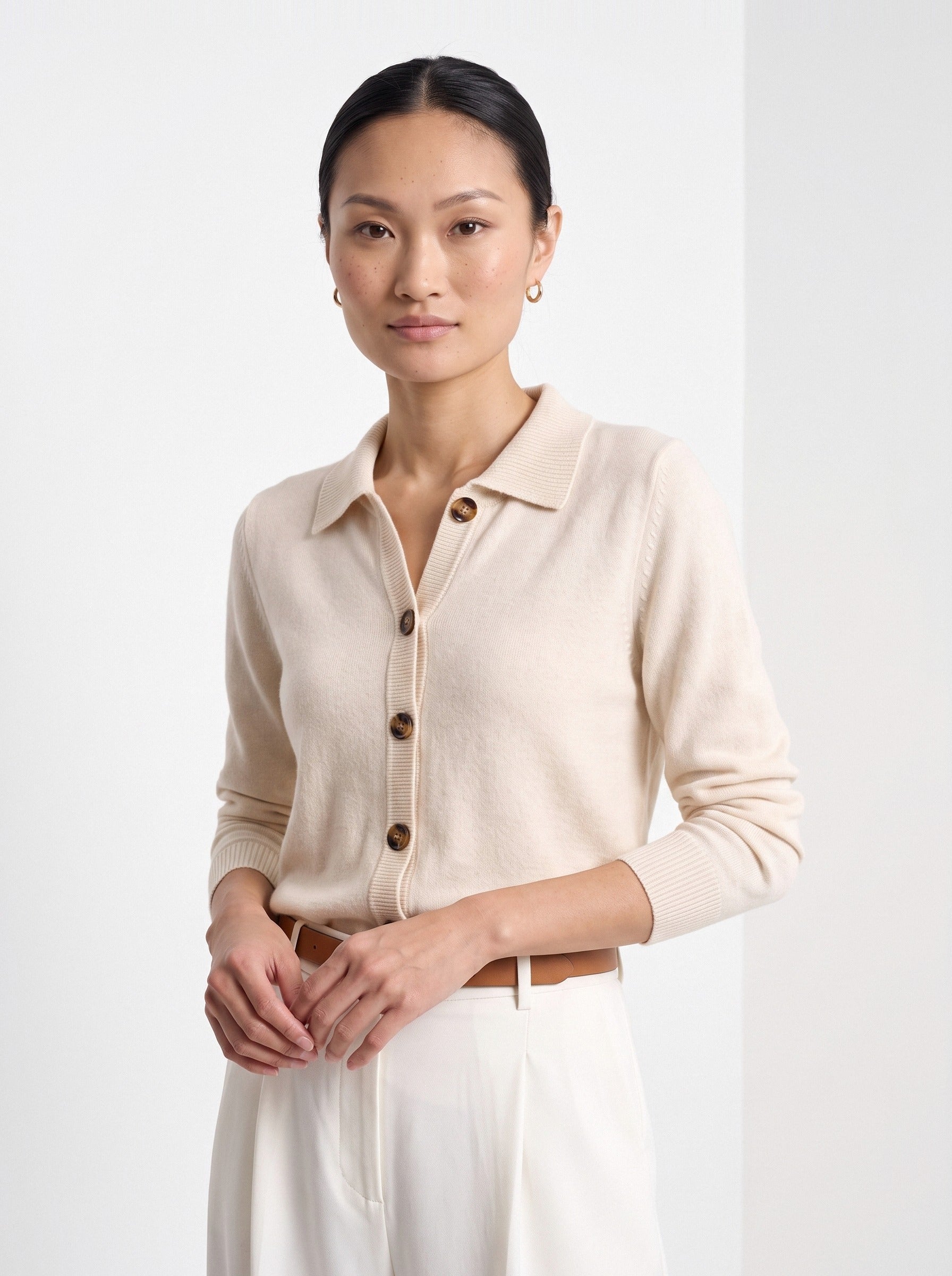 BLENIN collared button cardigan in cream, front portrait