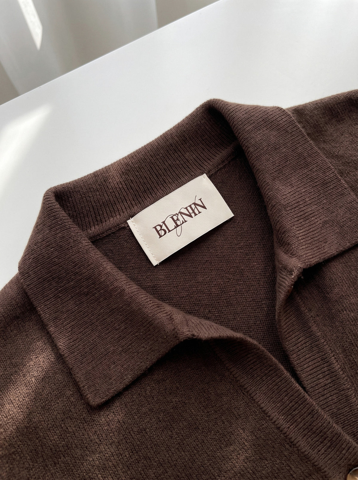 BLENIN collared button cardigan, woven BLENIN neck label